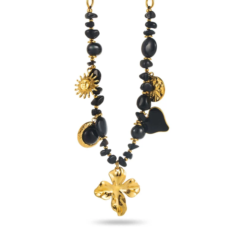 Collier doré & noir en acier inoxydable – Breloques soleil, cœur et fleur