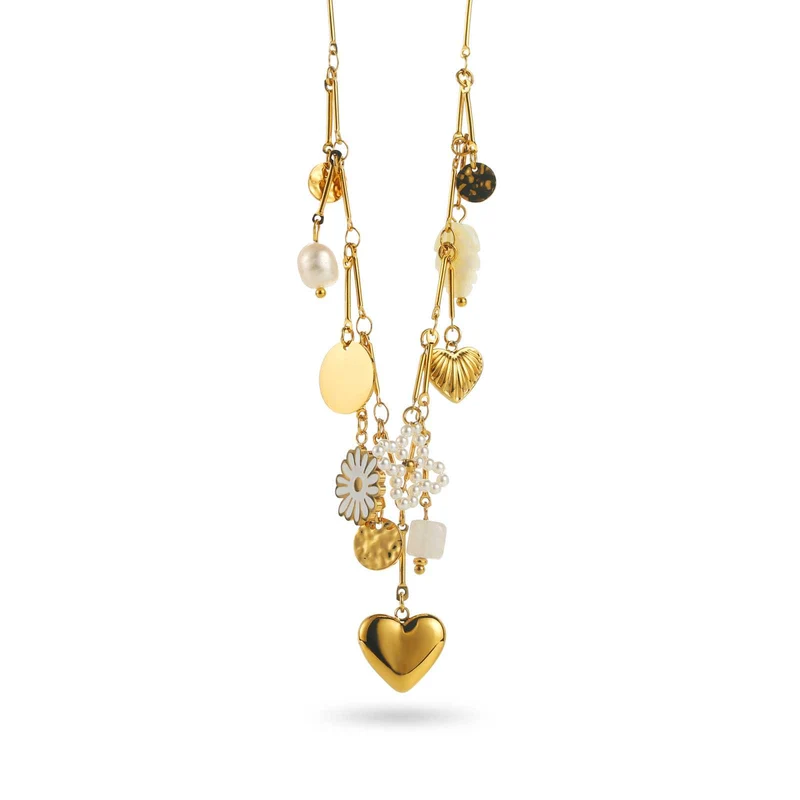 Collier acier inoxydable doré & blanc à breloques – Cœur central