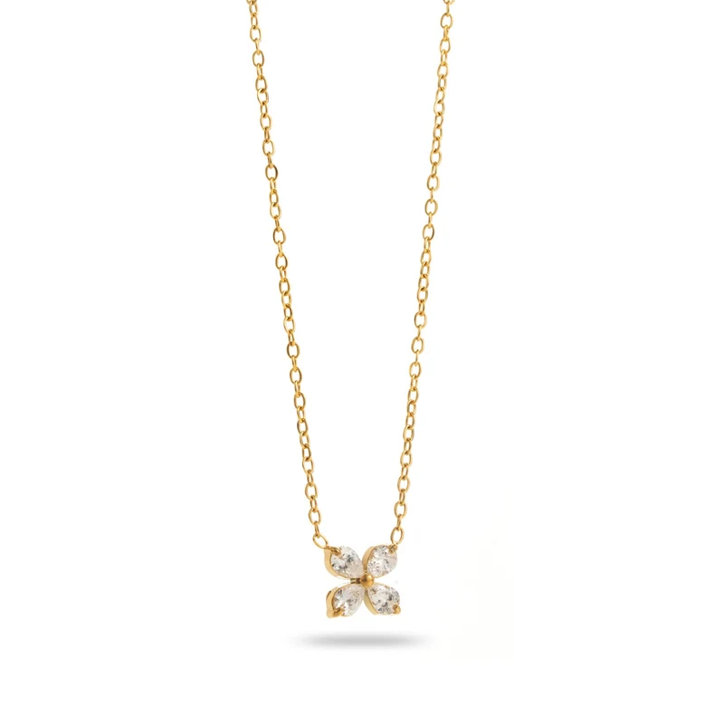 Collier trèfle à strass doré en acier inoxydable – Chaîne fine élégante