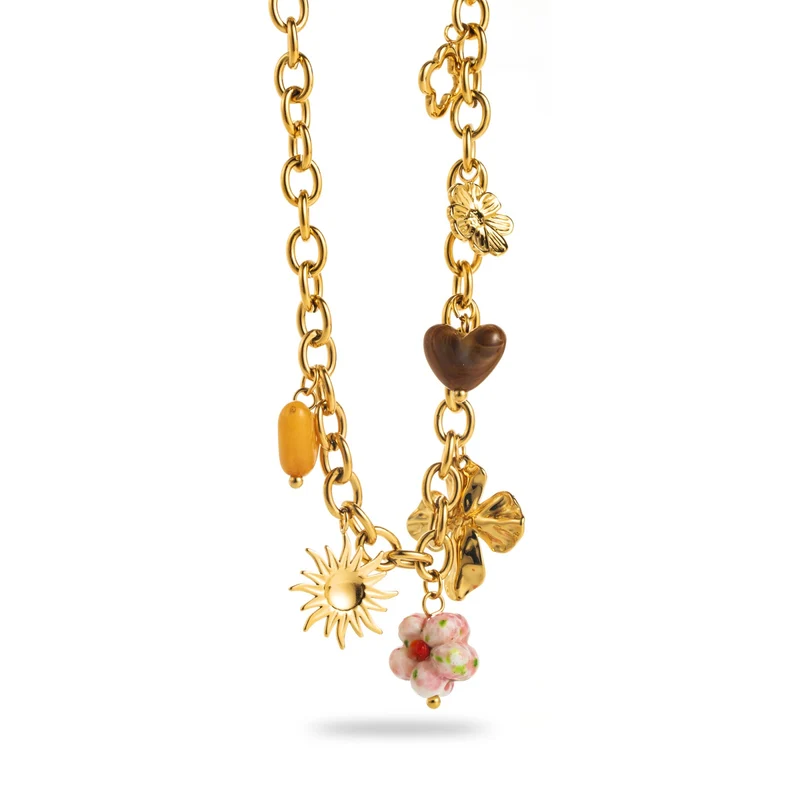 Collier chaîne à maillons dorés en acier inoxydable – Breloques soleil, cœur et fleurs