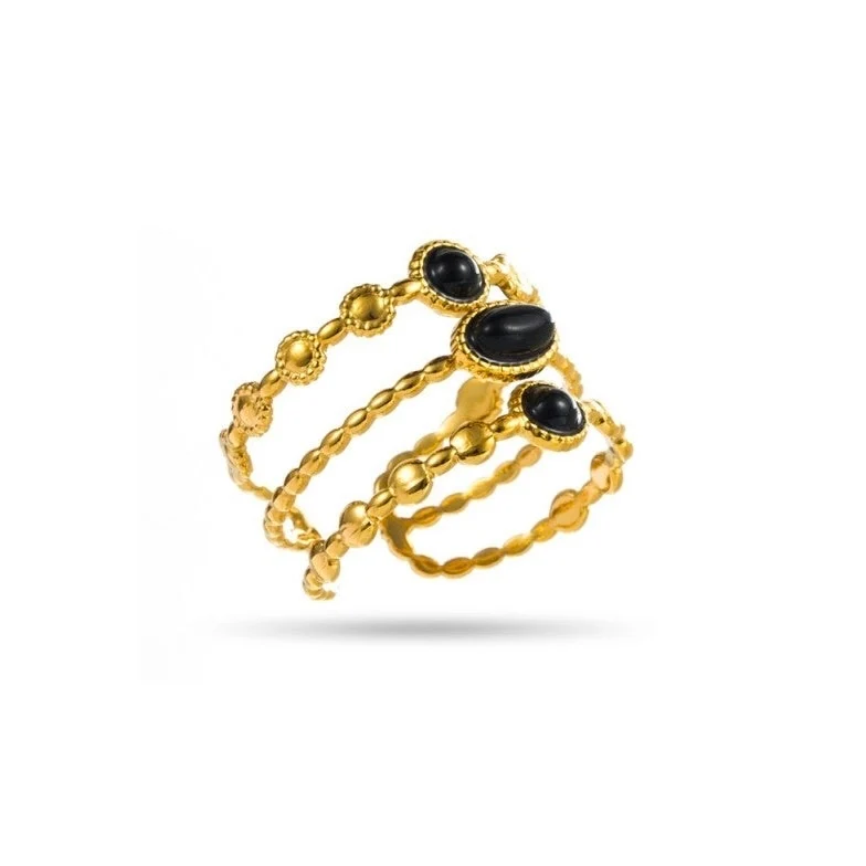 Bague multirang dorée en acier inoxydable – Trois rangs avec pierres noires