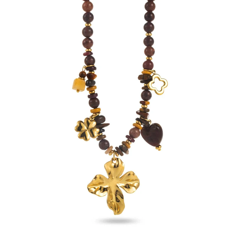Collier perles chocolat & doré à breloques – Fleur et trèfle