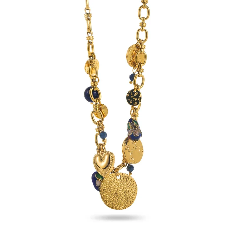 Collier en maille acier inoxydable doré & marine – Médaillon martelé et breloques