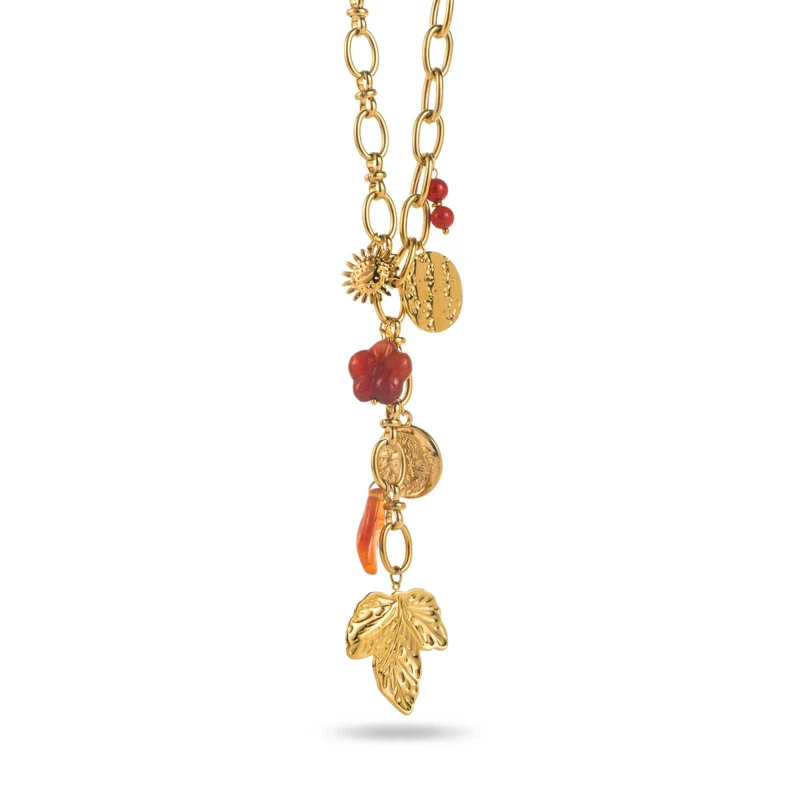 Collier en Y maille dorée – acier inoxydable, feuille, soleil et médaillon
