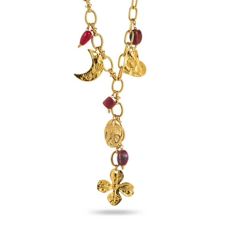 Collier doré acier inoxydable en Y breloques pierres, cœur, trèfles, lune