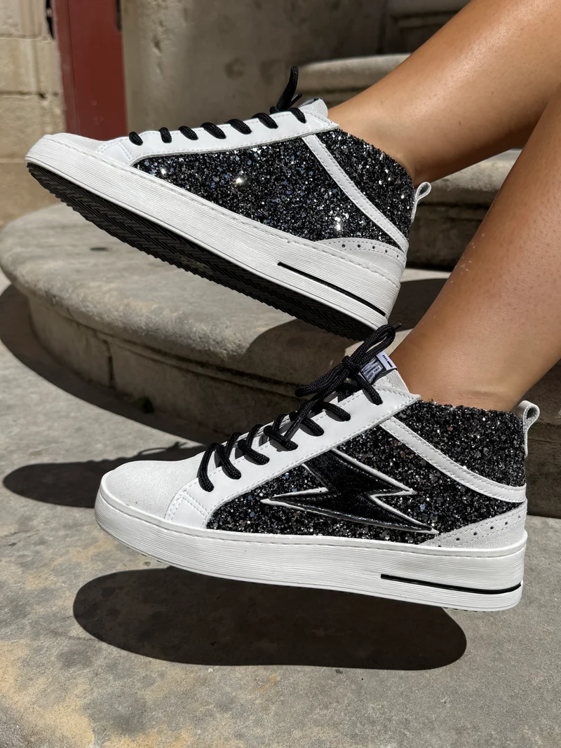 Basket en cuir à paillettes argentés et noirs mi-haute GIBRA C312 Semerdjian