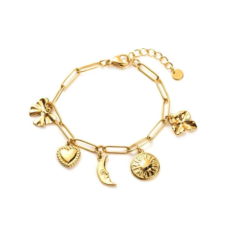 Bracelet doré en acier inoxydable avec breloques lune, cœur, soleil et fleurs