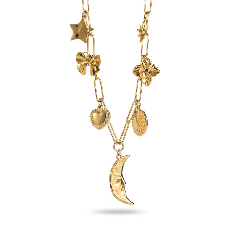 Collier doré en acier inoxydable avec breloques lune, cœur, étoile et médailles