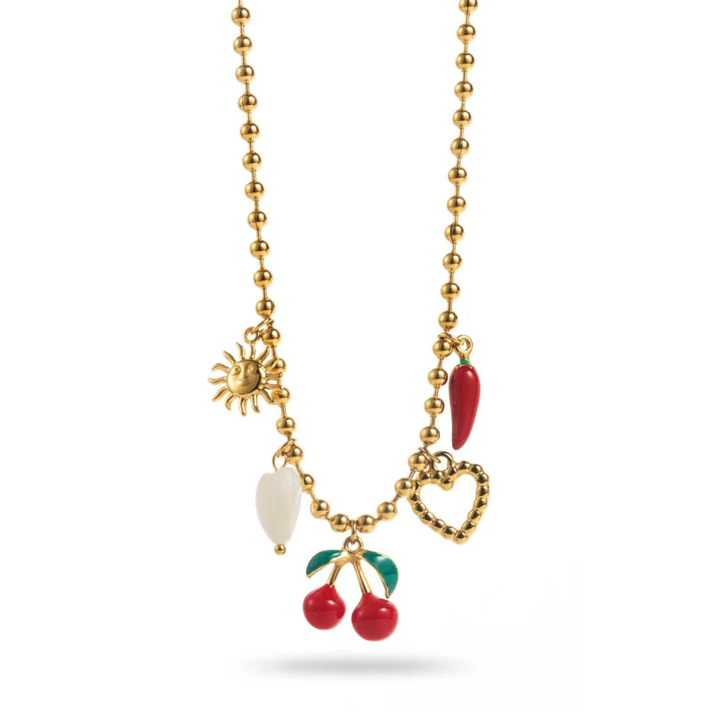 Collier doré en acier inoxydable à perles avec breloques cerise, soleil, cœur et piment