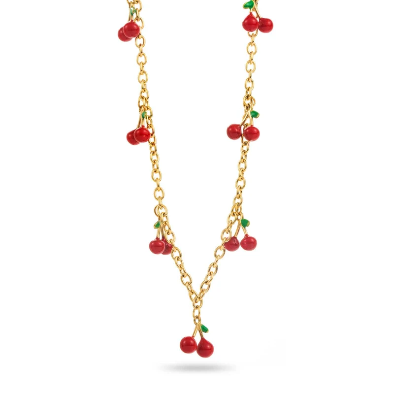 Collier doré en acier inoxydable à maillons avec 7 cerises rouge
