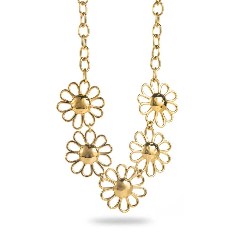 Collier doré en acier inoxydable à maillons avec 5 marguerites