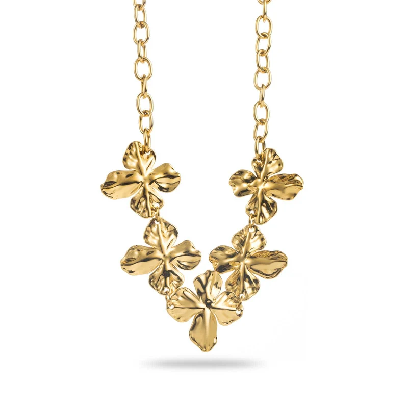 Collier doré à maillons en acier inoxydable avec 5 fleurs