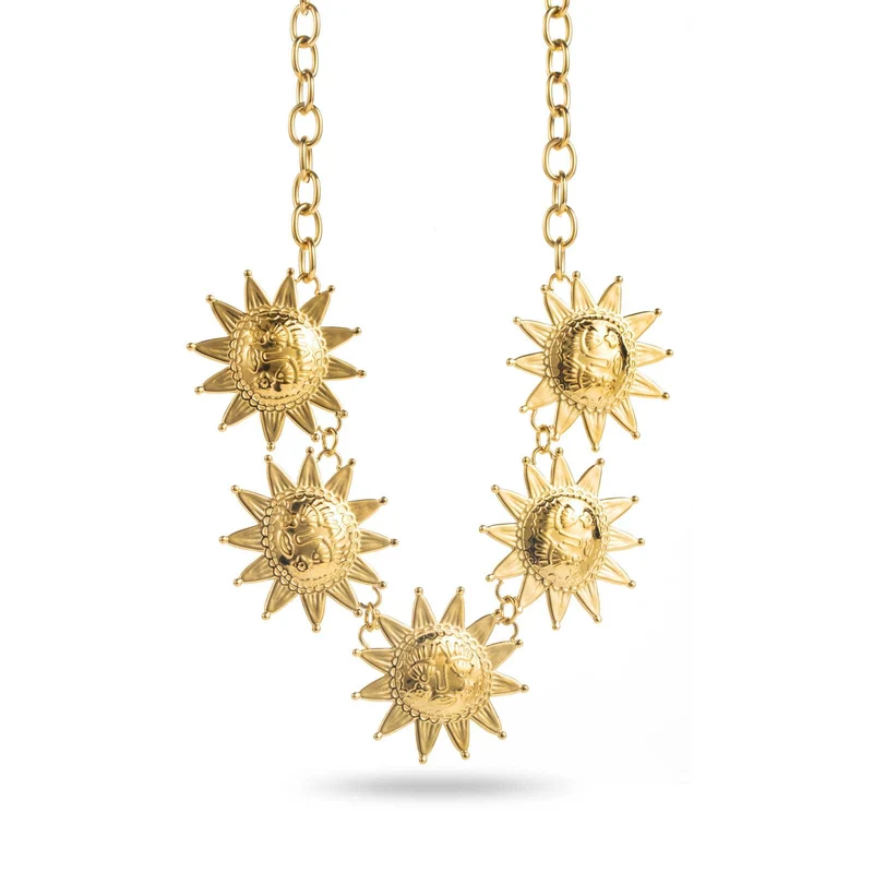 Collier doré en acier inoxydable avec 5 soleils à visage