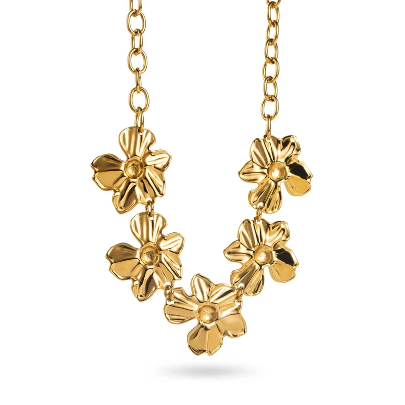 Collier doré en acier inoxydable avec 5 fleurs en relief
