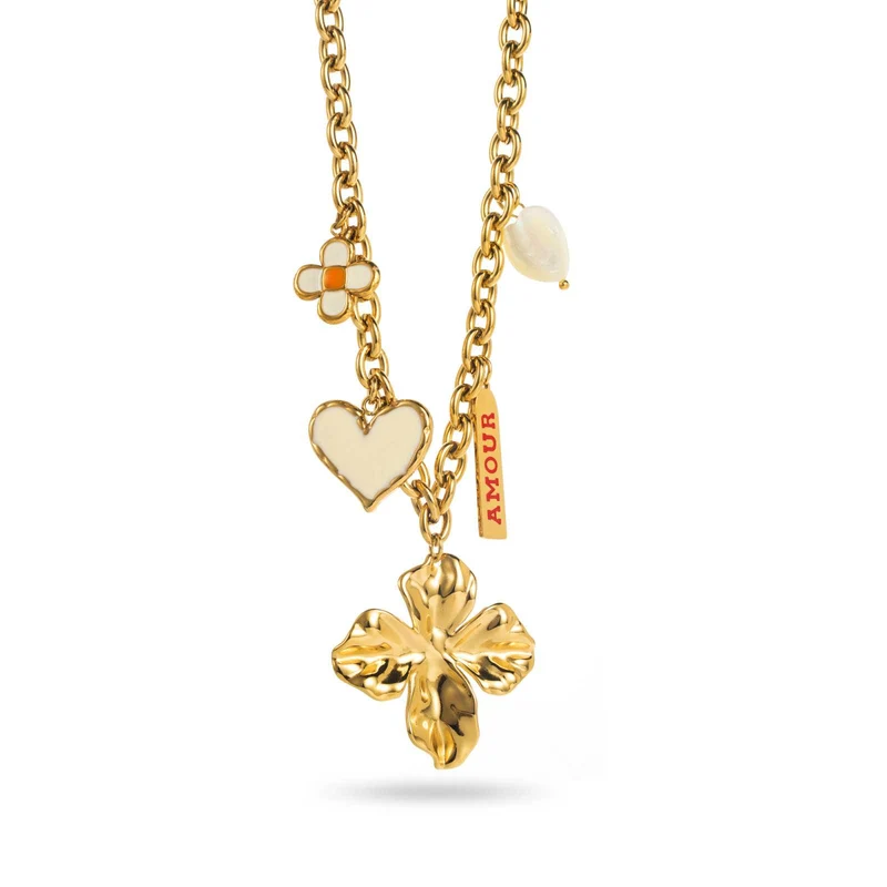 Collier doré acier inoxydable – Breloques amour, fleur et cœur