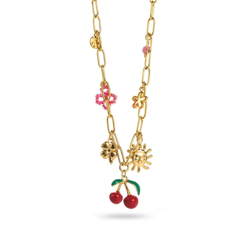 Collier cerise et soleil en acier inoxydable – Bijou doré tendance à breloques fantaisie