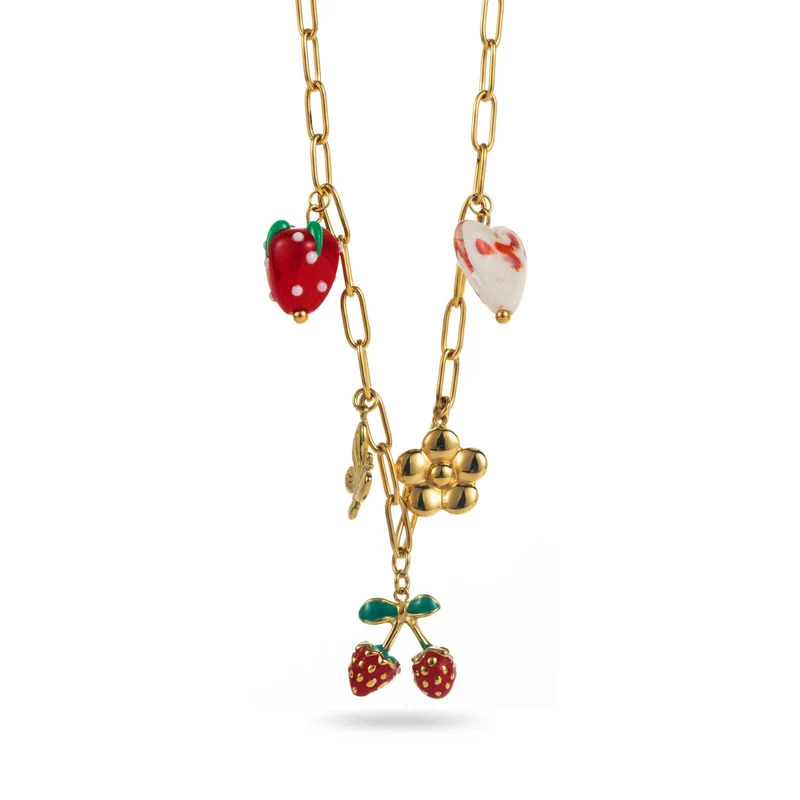 Collier double fraises rouges en acier inoxydable