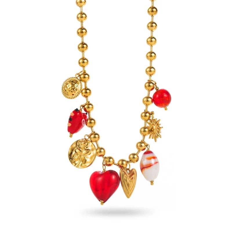 Collier cœur Murano rouge doré en acier inoxydable