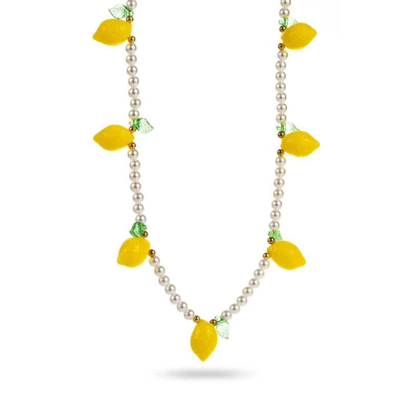 Collier en perles blanches et pampilles citron – Acier inoxydable