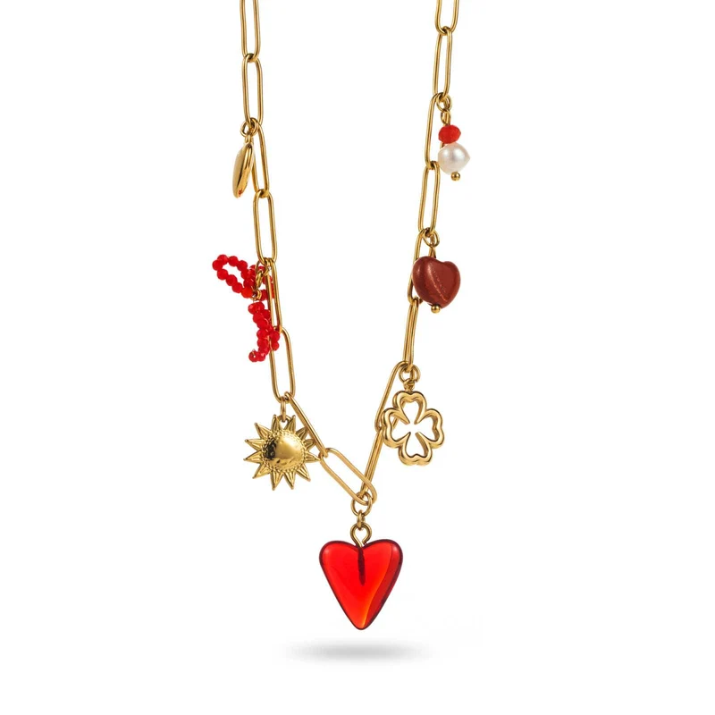 Collier doré maille avec breloques cœur rouge, soleil et trèfle – Acier inoxydable