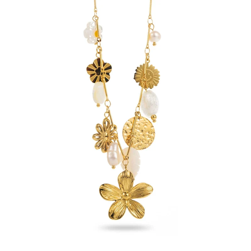 Collier doré à breloques fleur et nacre – Acier inoxydable