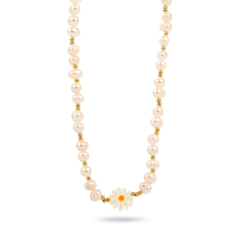 Collier en perles de nacre et pendentif marguerite – Acier inoxydable