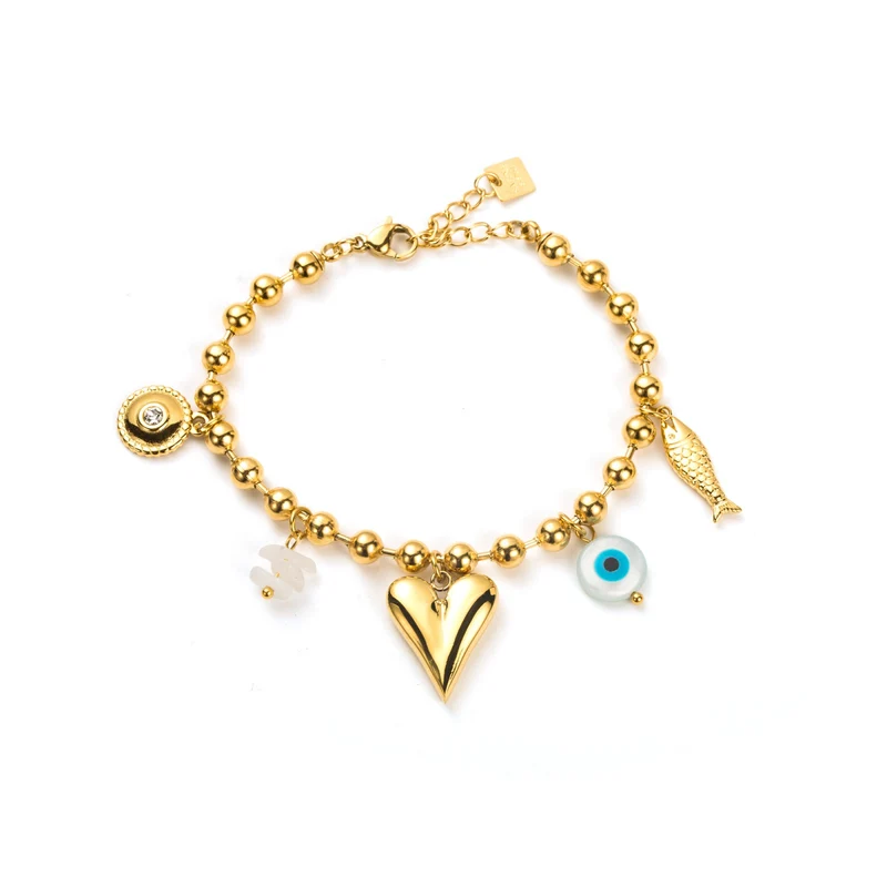 Bracelet doré en acier inoxydable à breloques – cœur, œil et perles fantaisie