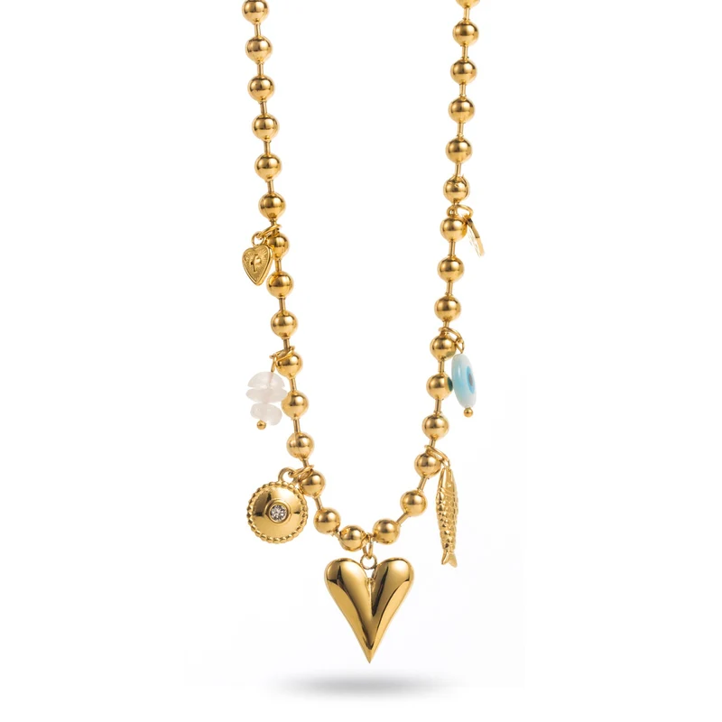 Collier breloques dorées cœur & œil – chaîne à petites perles en acier inoxydable
