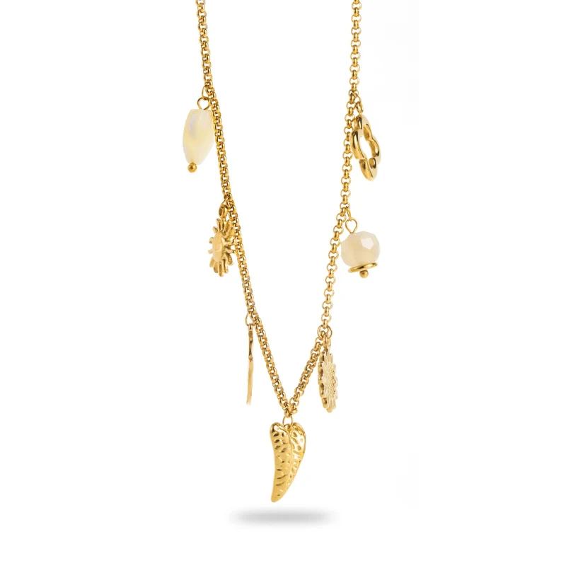 Collier breloque doré en acier inoxydable – Feuille, Soleil & Trèfle