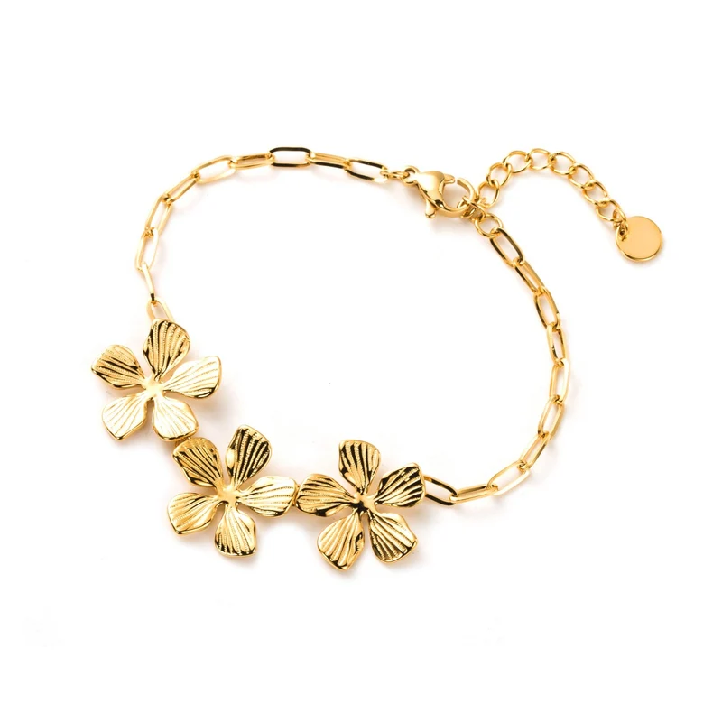 Bracelet fleurs élégantes en acier inoxydable doré – chaîne fine et 3 fleurs