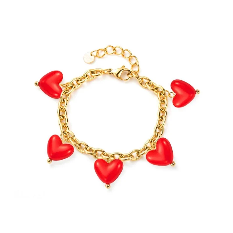 Bracelet doré chaîne à 5 cœurs rouges – acier inoxydable