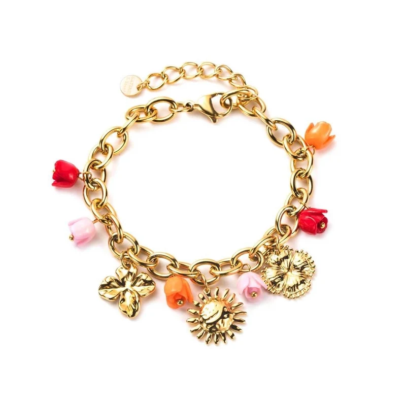 Bracelet doré à breloques jonquille – Fleurs rouges, roses et oranges