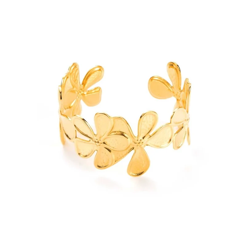 Jonc doré manchette farandole de fleurs en acier inoxydable