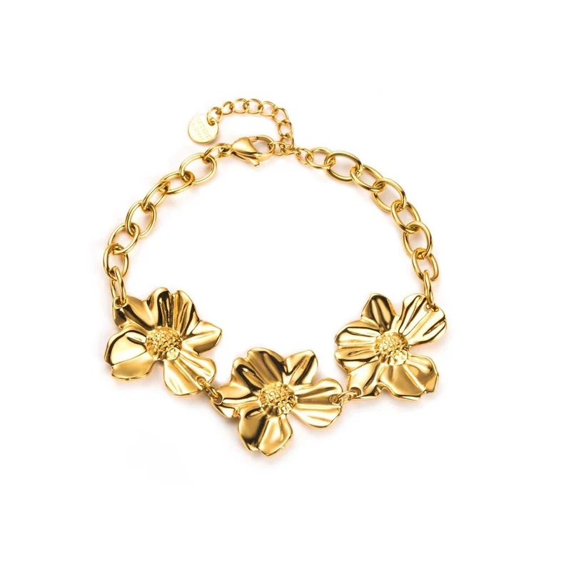 Bracelet doré chaîne à 3 fleurs – Acier inoxydable réglable
