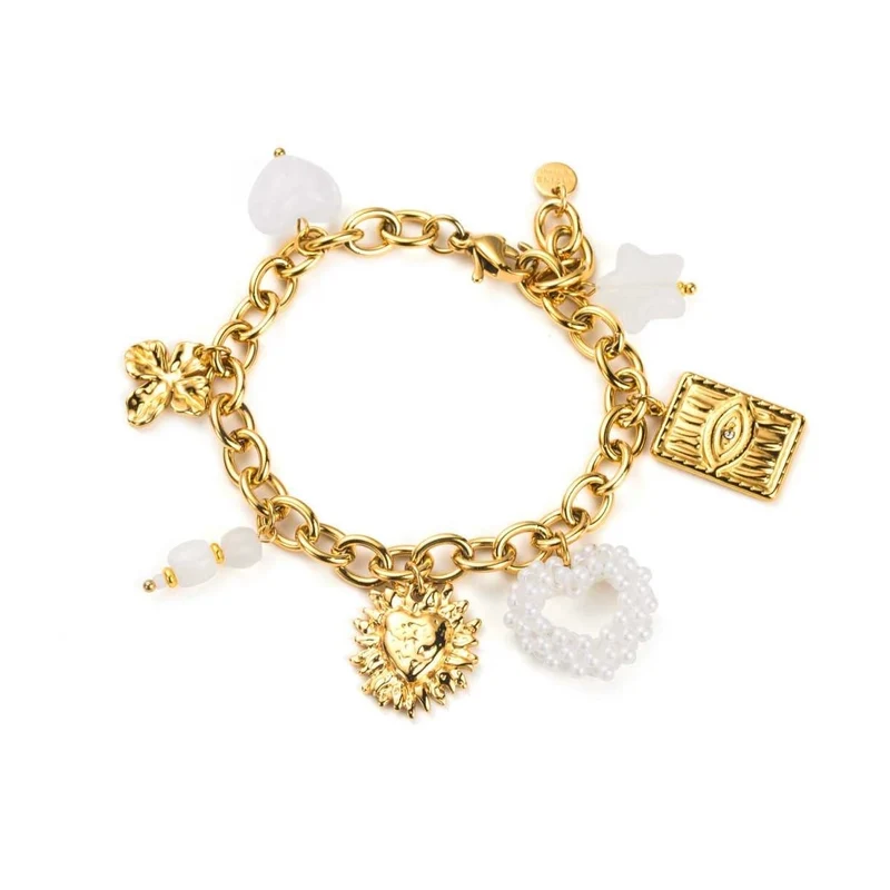 Bracelet doré à breloques blanches et dorées – Acier inoxydable