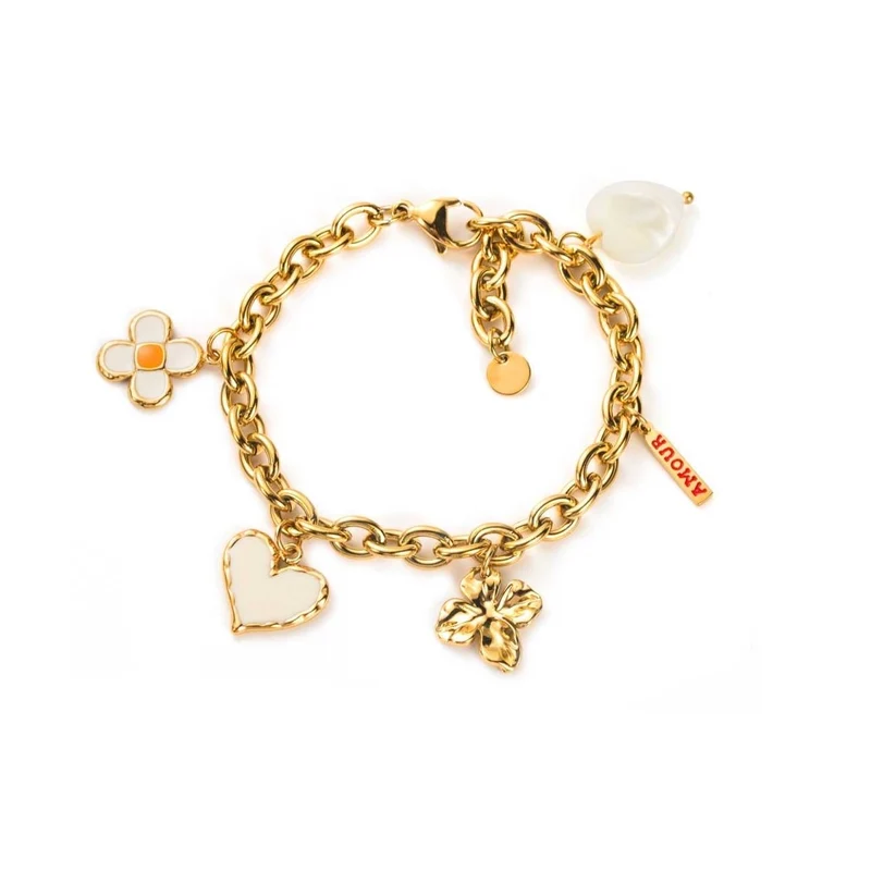 Bracelet doré charms marguerite et cœur blanc