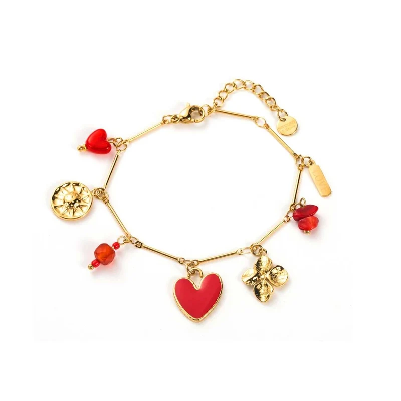 Bracelet doré fin à charms cœur rouge, médaillons fleur et pendentif LOVE