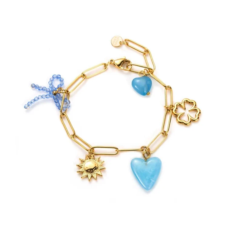 Bracelet doré à charms cœur bleu, soleil et trèfle
