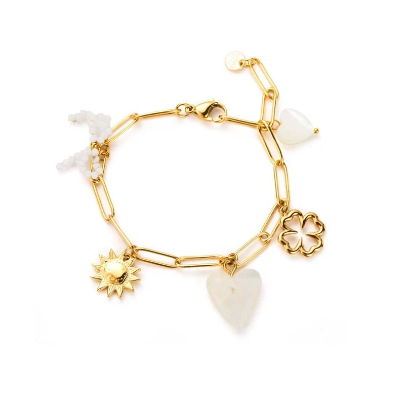 Bracelet doré à charms cœur blanc, soleil et trèfle