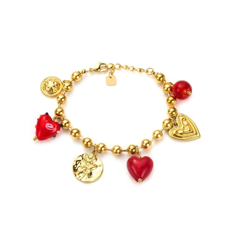 Bracelet doré à breloques cœurs Murano