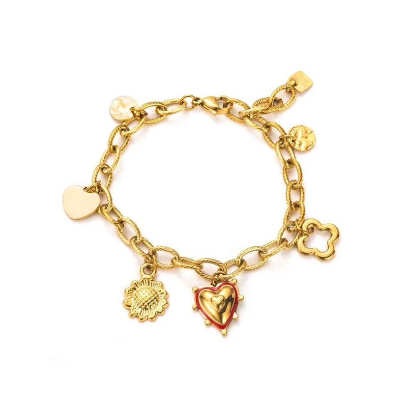 Bracelet doré à breloques coeur, fleur et trèfle