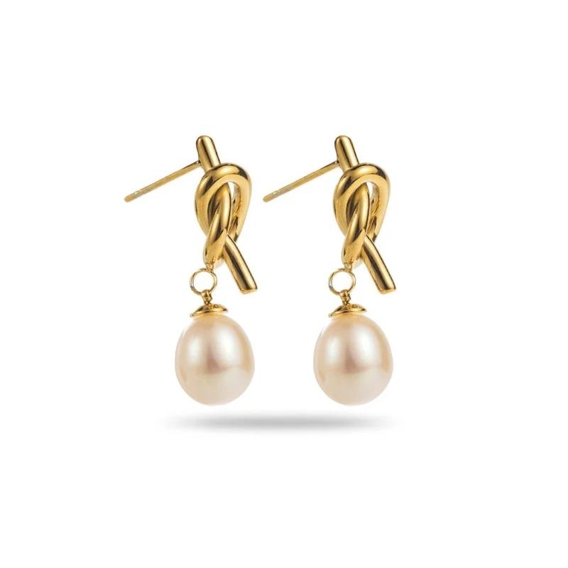 Boucles d’oreilles dorées nœud à perle blanche – 2,5 cm