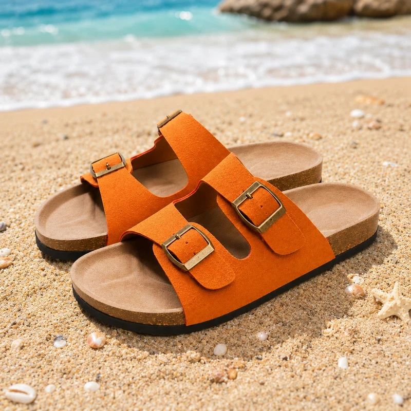 Women's Flat Sandal with Two Golden Buckles