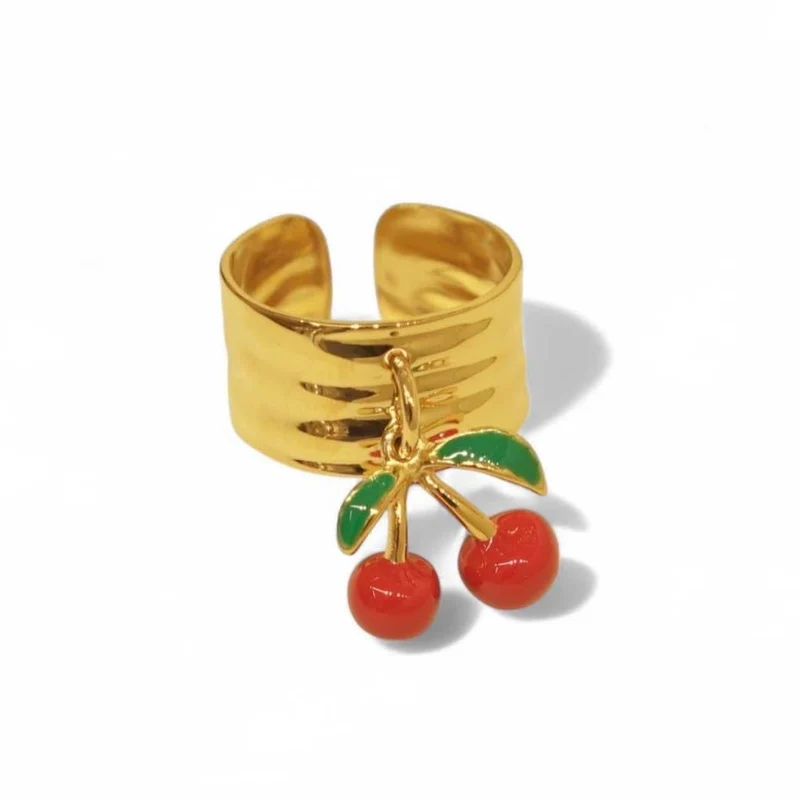 Bague Dorée Breloque Cerises – Acier inoxydable réglable