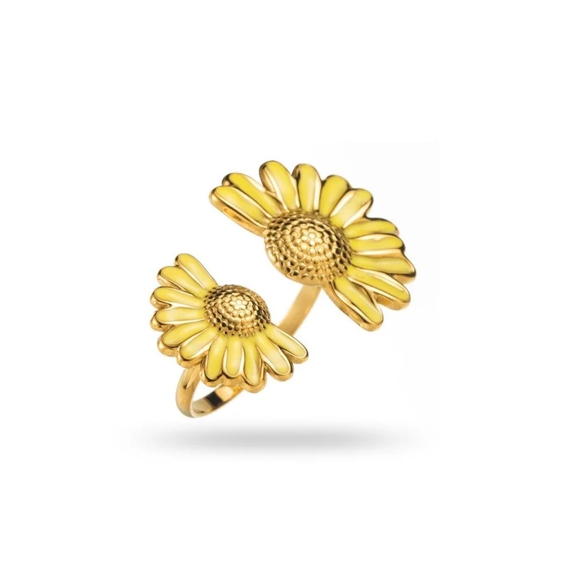 Bague Ouverte Dorée Double Tournesol – Jaune pastel, acier inoxydable