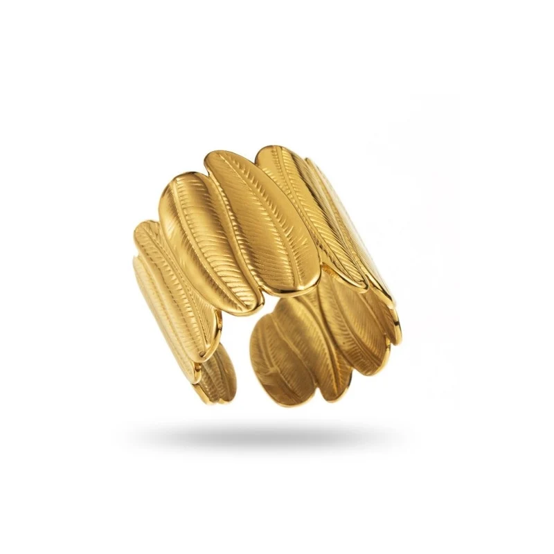 Bague Large Dorée Jonc Grandes Feuilles – Acier inoxydable réglable