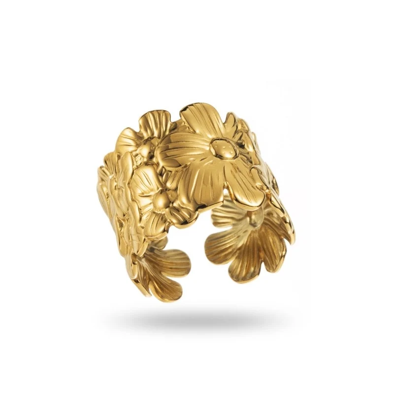 Bague Large Dorée Multi Fleurs – Acier inoxydable réglable