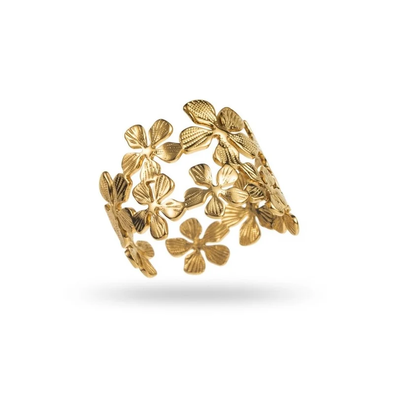 Bague Jonc Dorée Multiples Fleurs – Détails pointillés, réglable