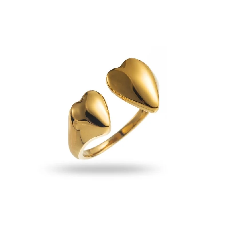 Bague Ouverte Dorée Duo de Cœurs – Acier inoxydable réglable