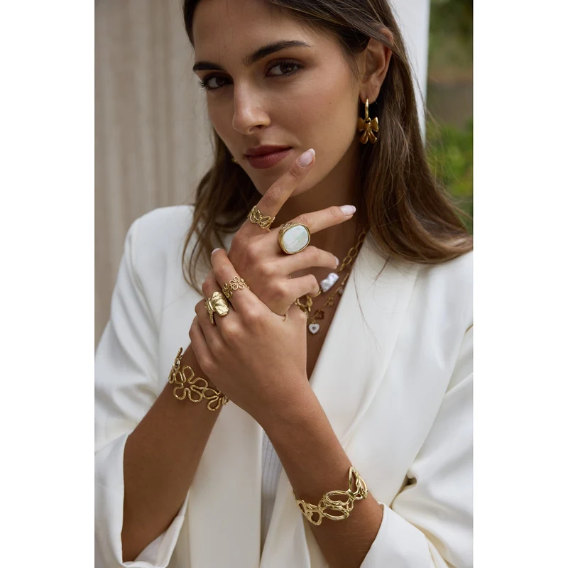 Bague Jonc Dorée Farandole de Fleurs – Acier inoxydable réglable